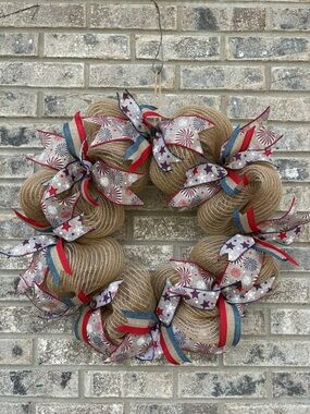 Patriotic Burlap Holiday Wreath with Red, White & Blue Ribbon